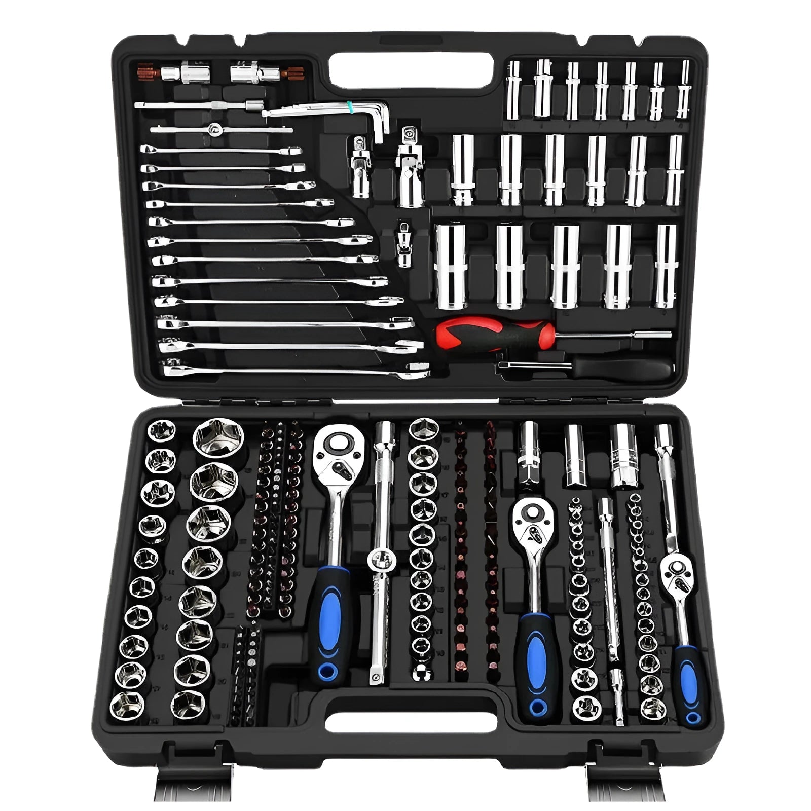 Chromium vanadium steel socket ratchet wrench set with multiple sockets in a case.