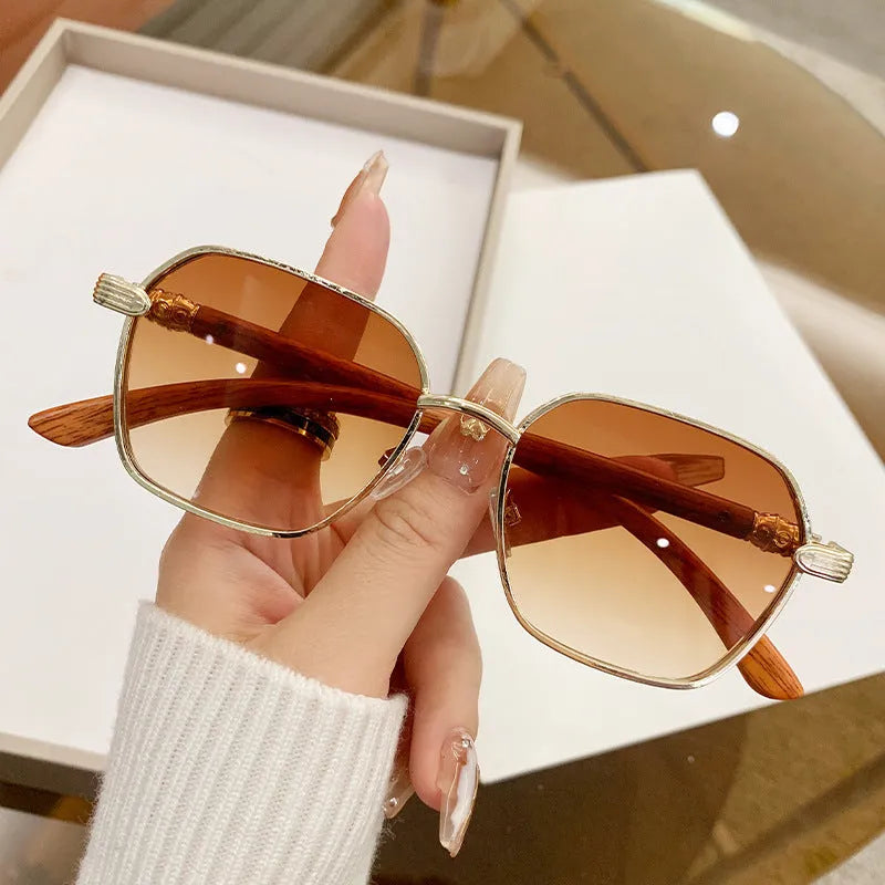 Women's frameless trim glasses with wood grain pattern alloy frame in gold colour variations