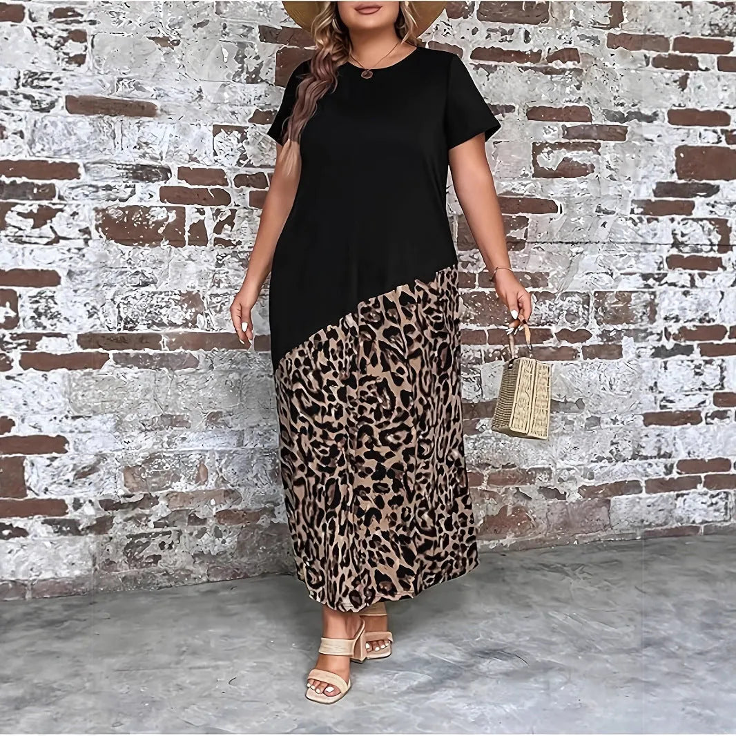 Women's casual leopard print maxi dress with loose fit and quarter sleeves, in black, plus size option