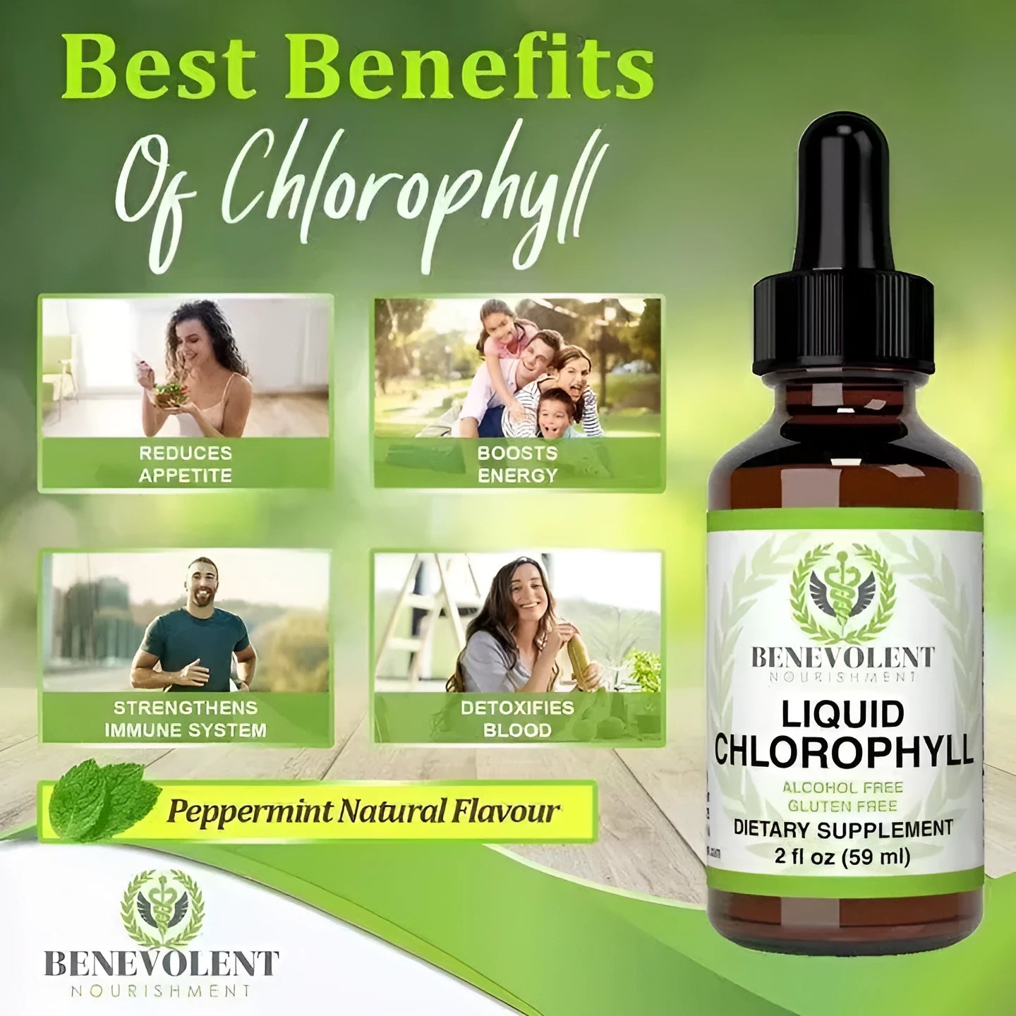 60ml bottle of natural chlorophyll liquid drops for body odour and intestinal care supplement