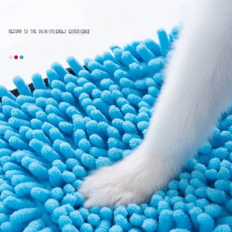 Blue pet bathrobe towel for drying dogs and cats, shown flat at 62cm by 23cm.