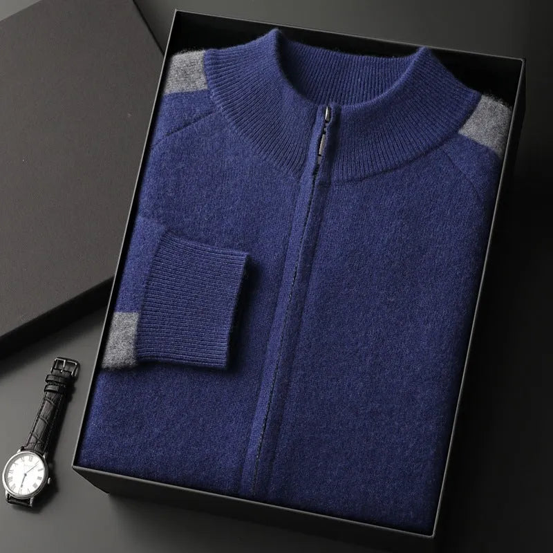 Men's camel coloured cashmere wool blend knitted cardigan suit with half turtleneck zip-up top and matching trousers