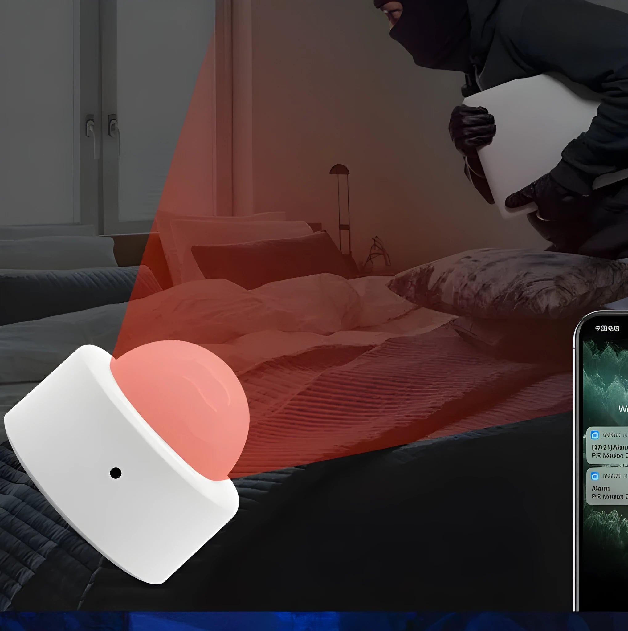 White wireless infrared body sensor with ZigBee 3.0 connectivity for home security systems