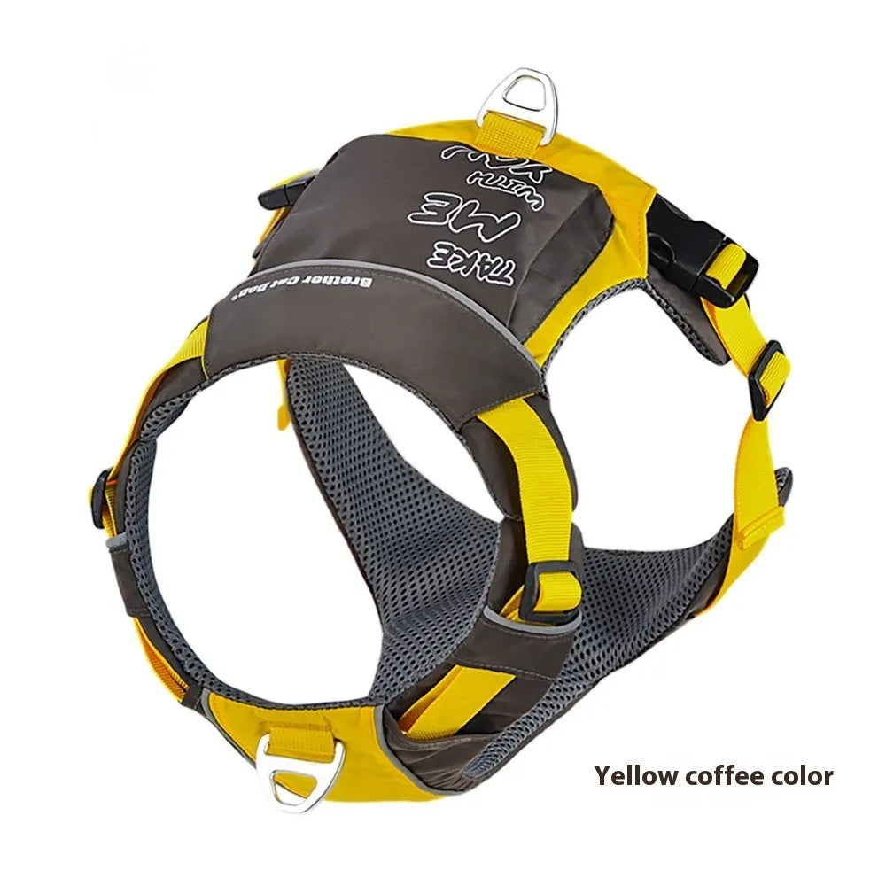 Orange-blue nylon dog chest strap vest style hand rope shown on size chart S M L XL.