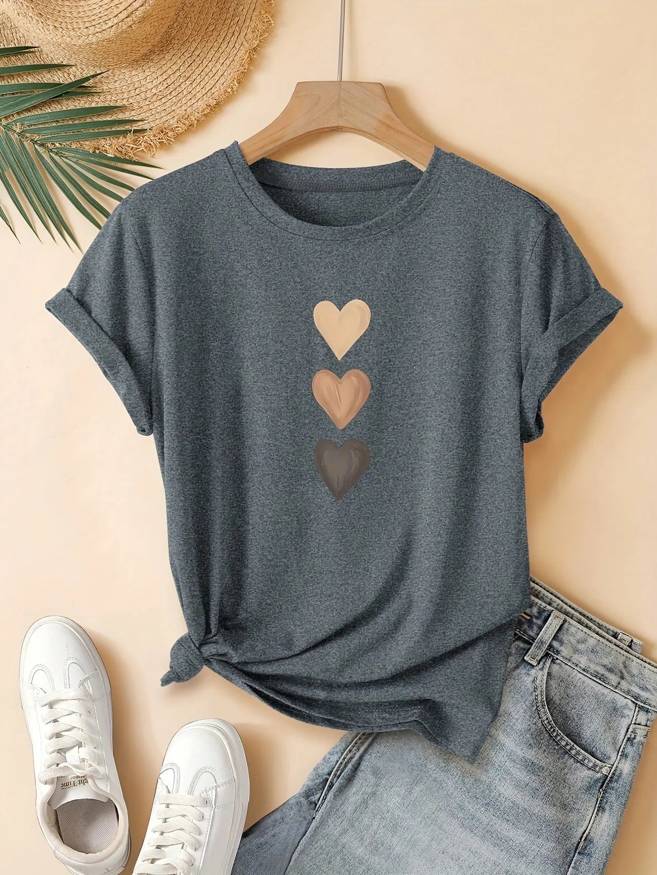 Women's three-heart printed pure cotton short sleeve T-shirt in art retro Chinese style
