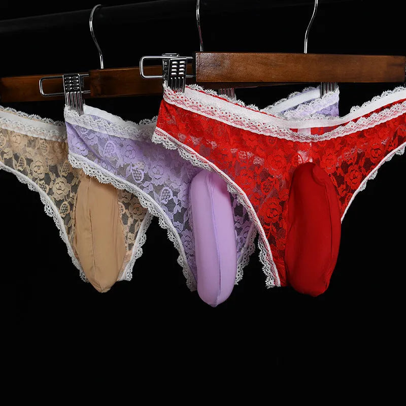 Men's lace triangle briefs with vertical bag egg design and penis cover in black colour