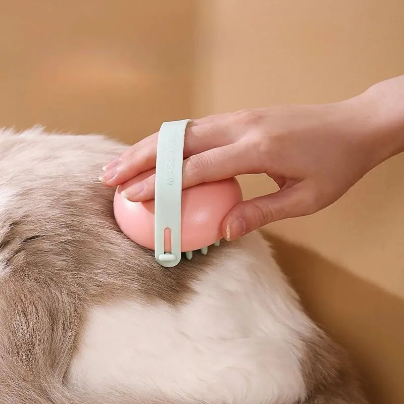 Pet silicone bathing brush for cats and dogs, available in blue, pink, white, and yellow