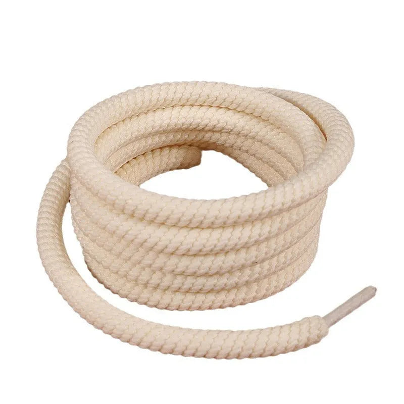Round woven shoelaces in white, black, and beige colours showing 10mm diameter