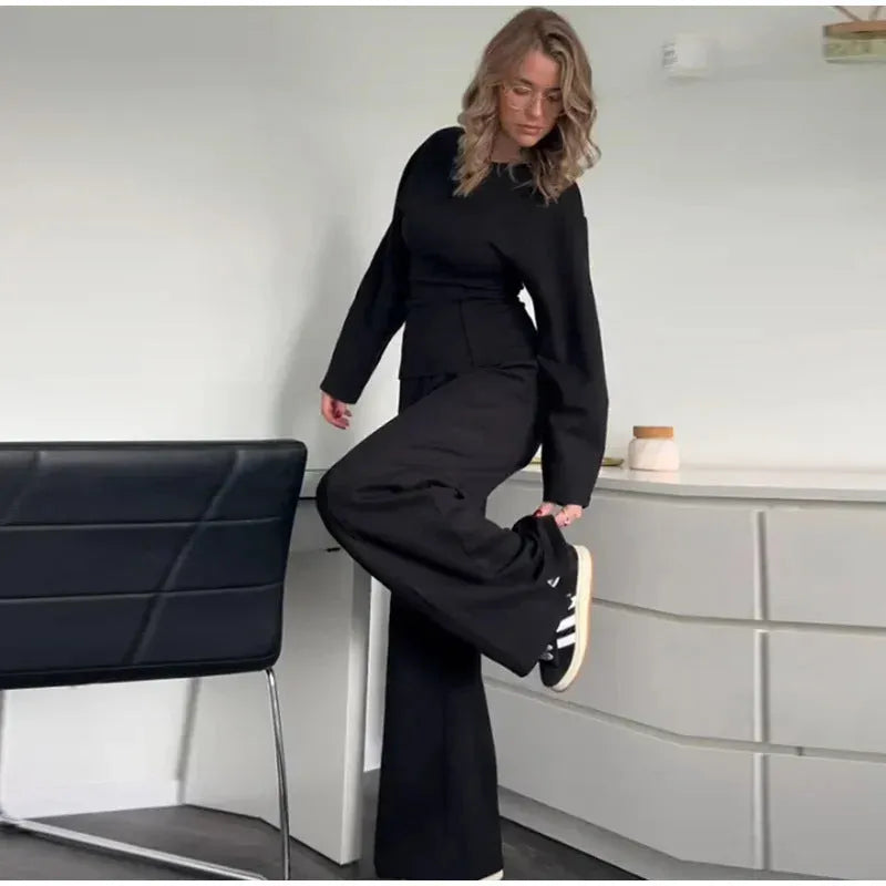 Women's polar fleece suit set with pleated long sleeve top and wide leg trousers in multiple colour options