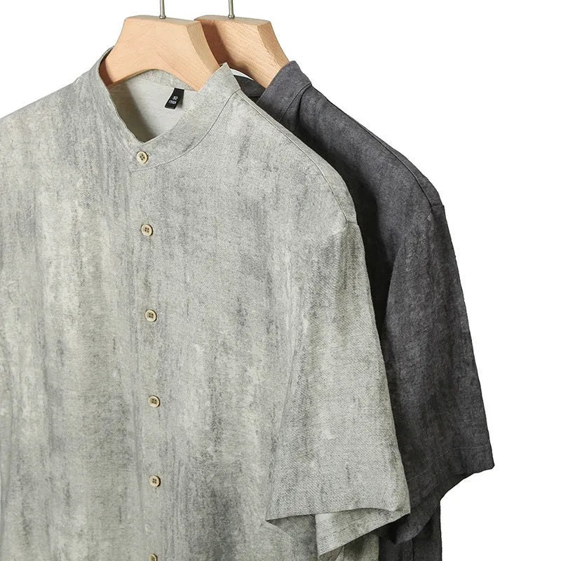 Men's loose linen shirt with stand collar in thin viscose blend fabric