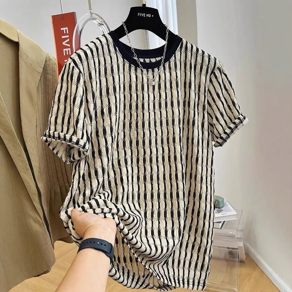 Black striped men's casual short sleeve top with loose fit and silk-linen fabric blend