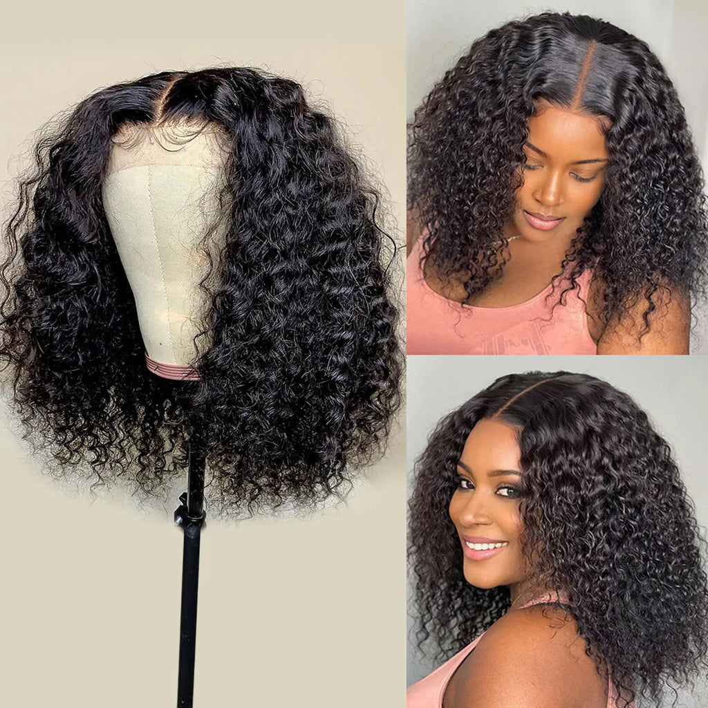Short bob jerry curly 100% unprocessed human hair wig with transparent Swiss lace and bleached knots, 12 inch length