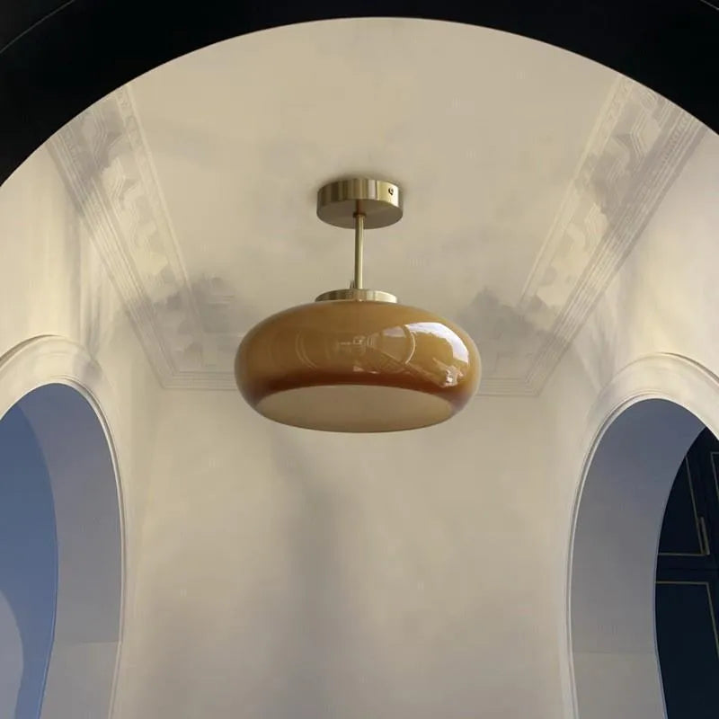 Bauhaus pendant light with three milk white egg tart shaped glass shades