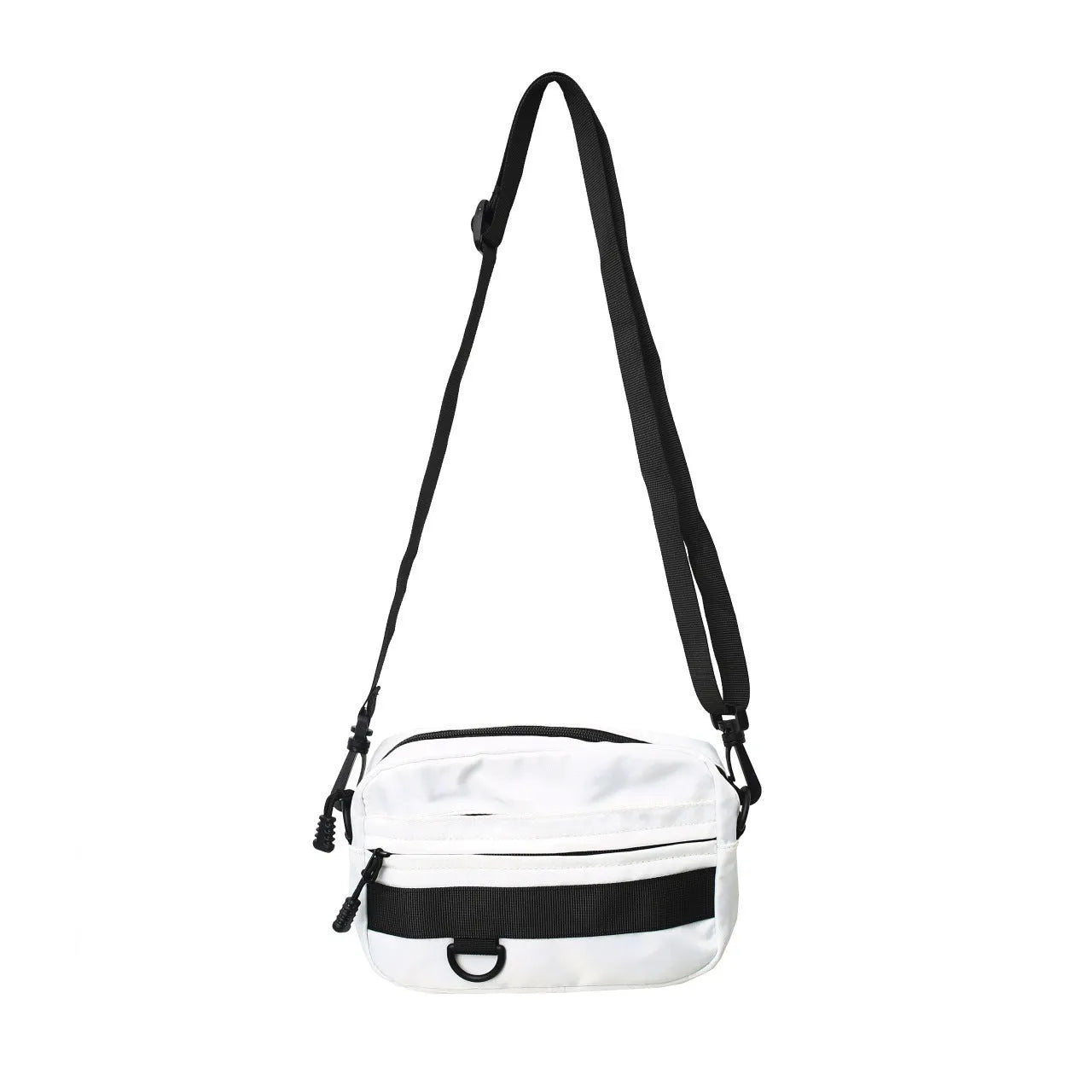 Men's black nylon crossbody messenger bag with sewing thread detail showing front view.