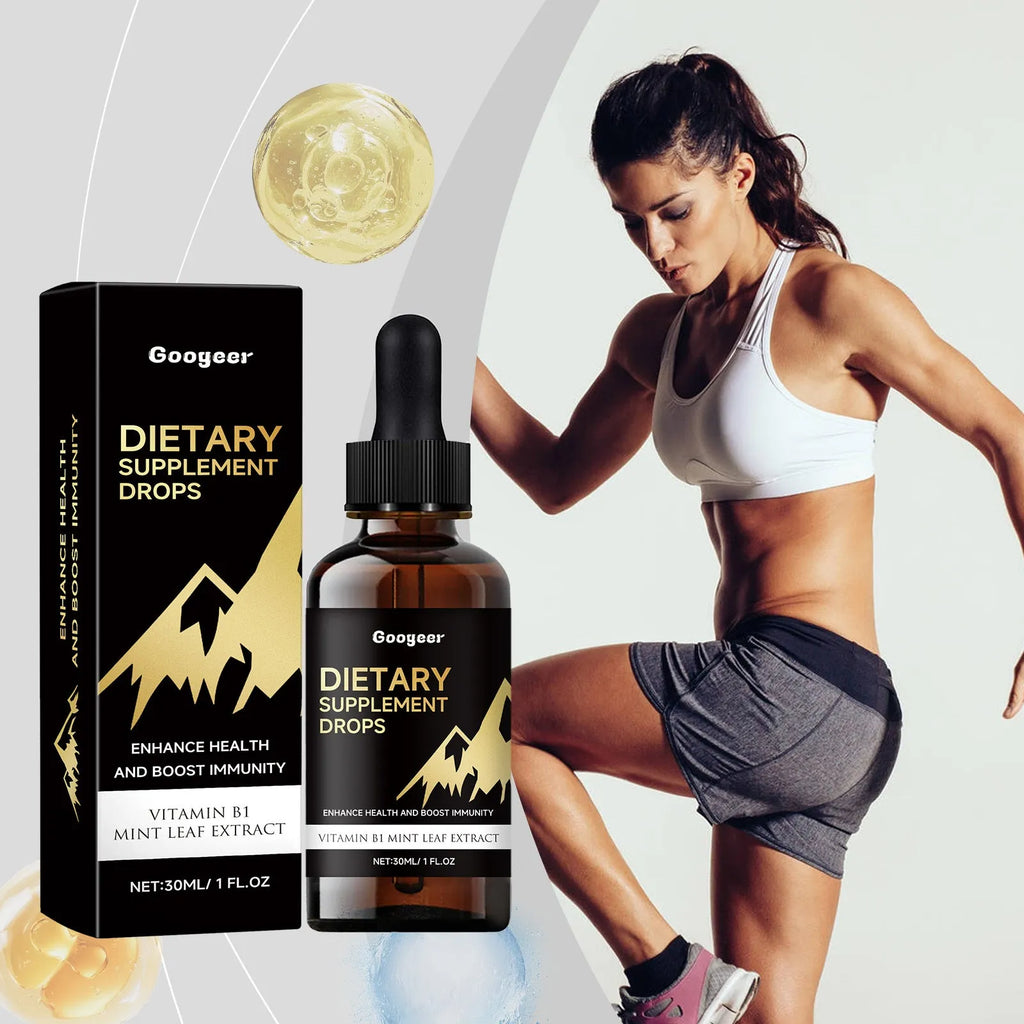 60ml glass bottle of clear dietary supplement drops with a black dropper top