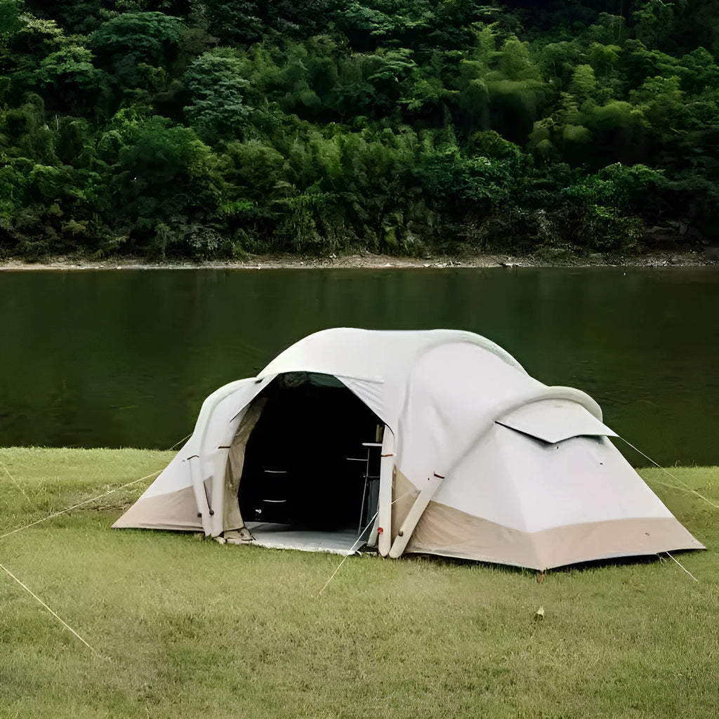 Inflatable camping tent for 4 people with hand pump, double-sheet design, polyethylene base, and shading rainfly