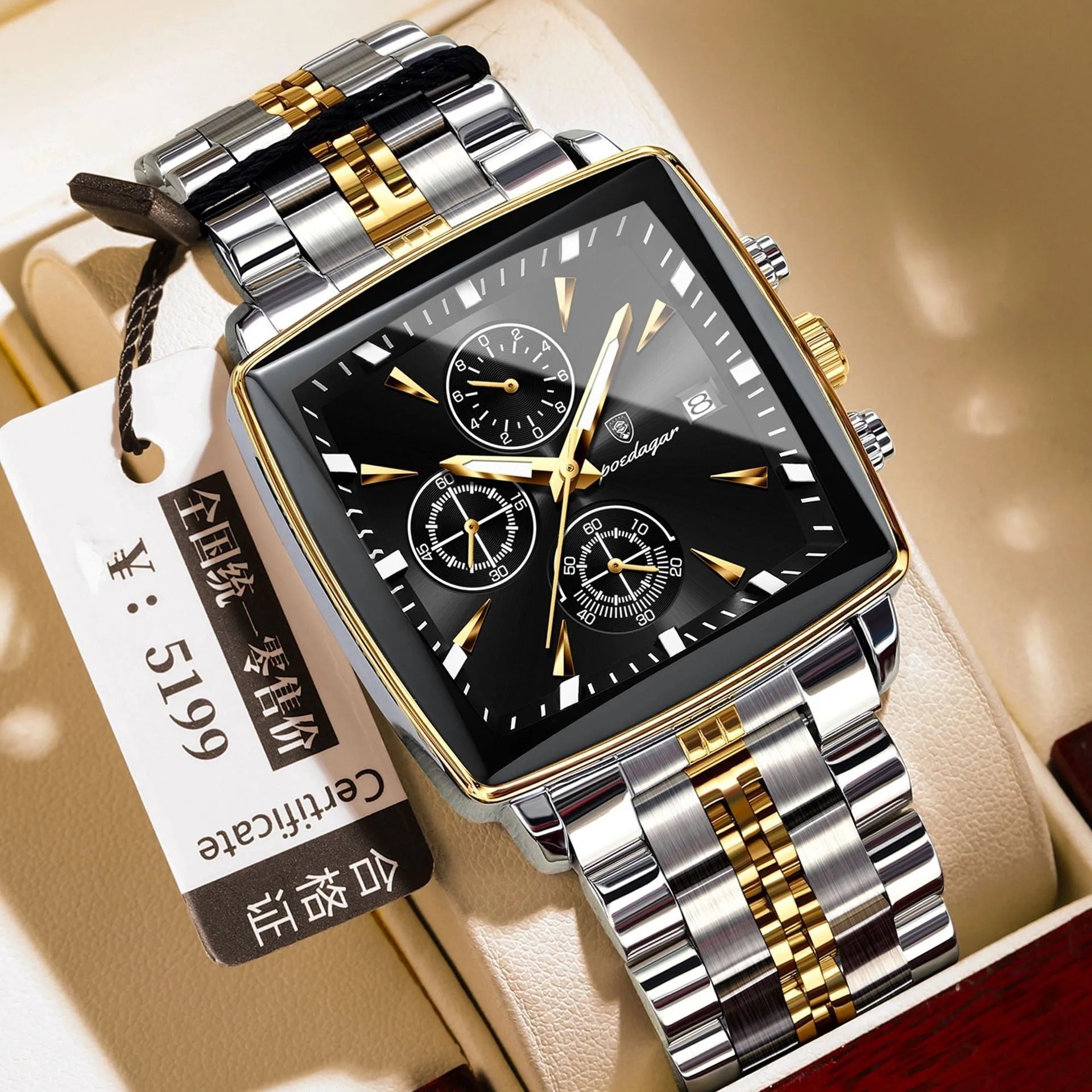 Square men's business watch with stainless steel strap and multiple colour configuration options