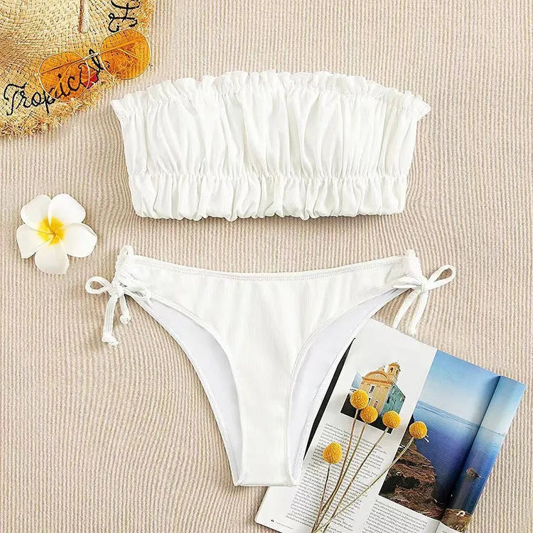 Women's solid colour polyester bikini set with chest pad, no underwire, available in black, white, purple, rose red, green, fluorescent colours, sizes S M L