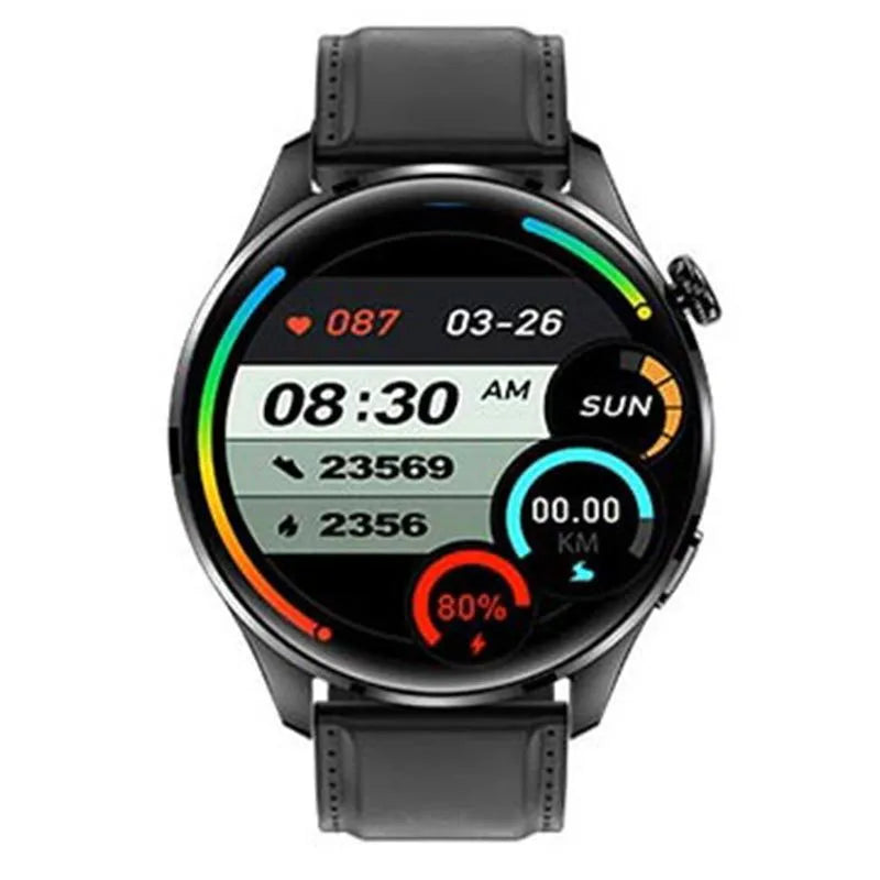 Black smartwatch with round colour screen on a silicone strap, showing call interface.