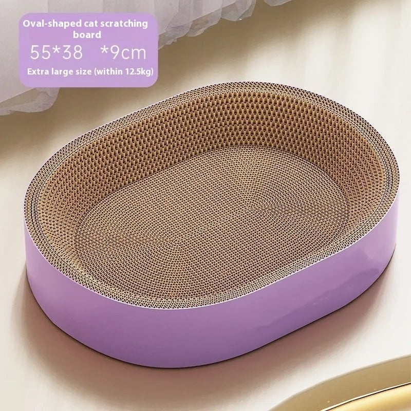Green oval corrugated paper cat scratch board and nest bed showing 55cm diameter.