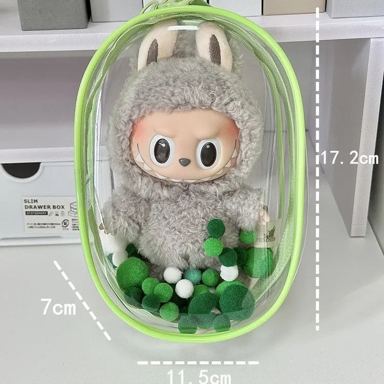 Transparent 17cm PVC cube storage bag with colourful ball keychain in avocado green colour