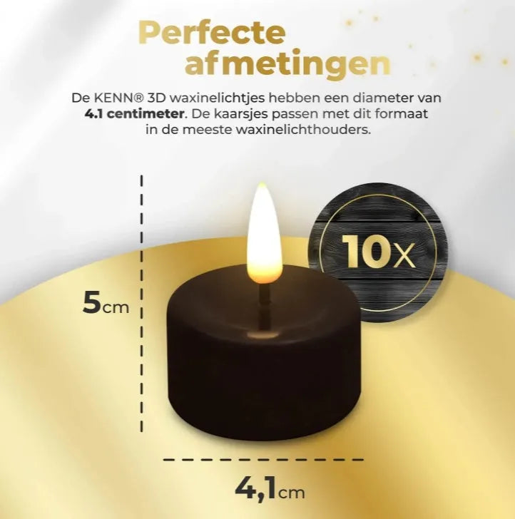 Set of four black plastic LED tealight candles showing warm white flame effect