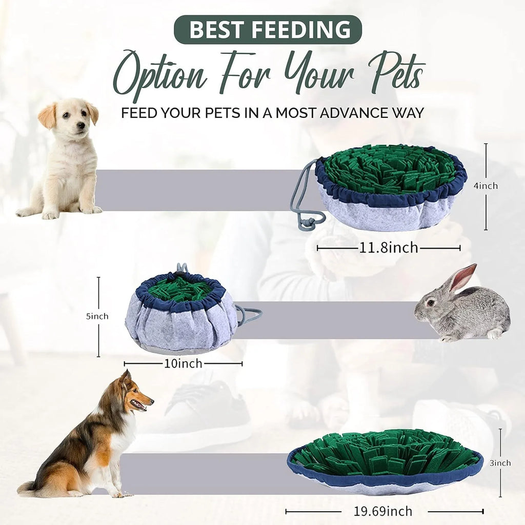 Blue and green adjustable fleece snuffle mats for dogs, shown with kibble scattered in the folds.