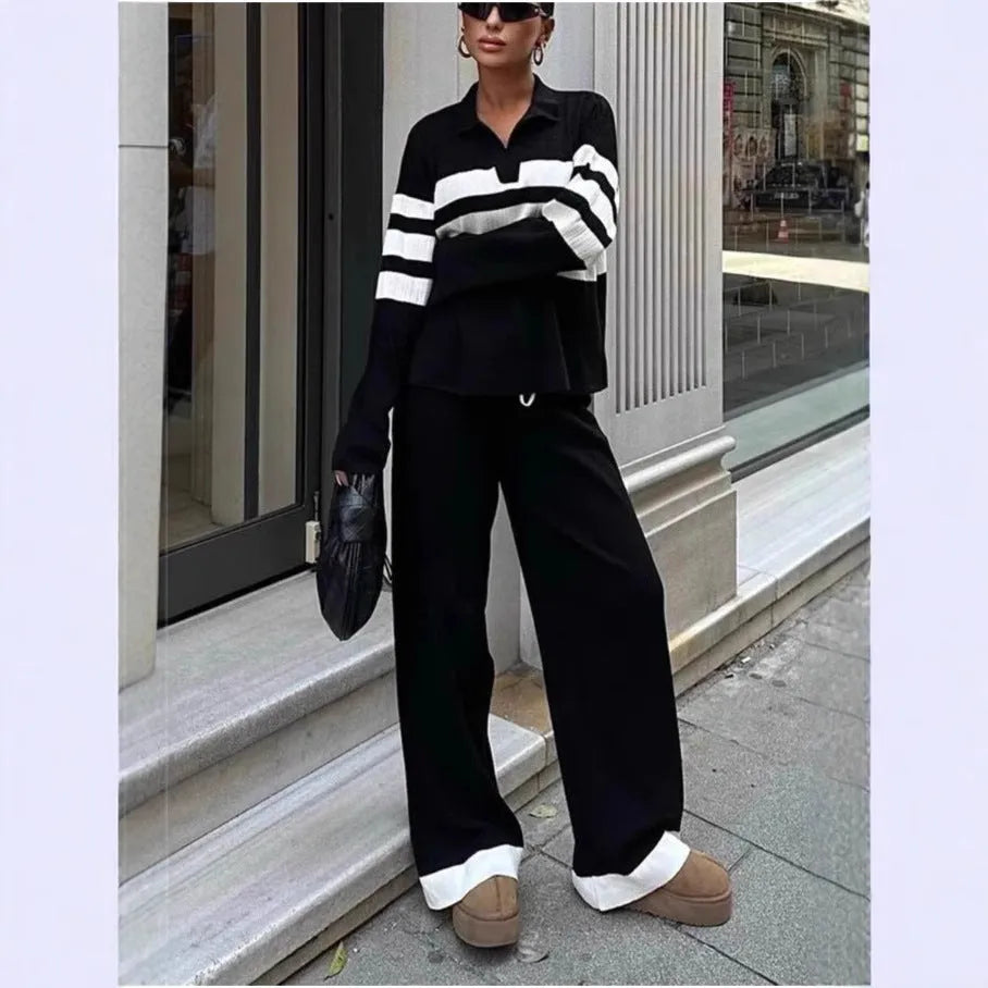 Women's black and white striped polo collar knitted shirt with contrasting trousers two-piece set