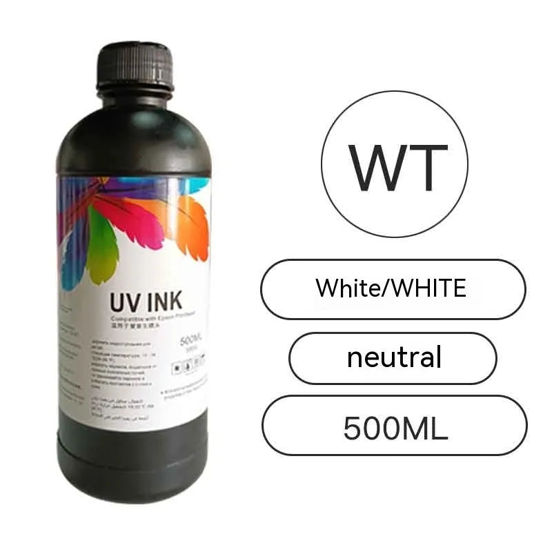 500ml bottle of Epson UV printer ink for XP600 TX800 F186000 F189000 models, showing colour options.