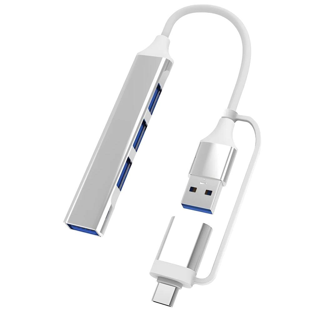 Two-in-one multifunctional expansion dock USB 3.0 hub with 4 connectors in silver colour