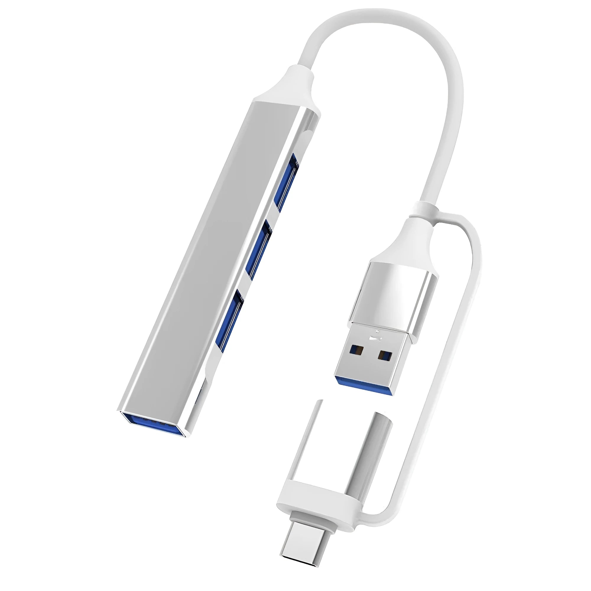 Two-in-one multifunctional expansion dock USB 3.0 hub with 4 connectors in silver colour