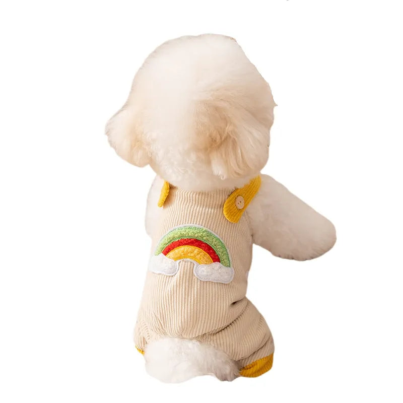 Small dog wearing rainbow corduroy jumpsuit in Beige with flannel lining, autumn winter pet overalls
