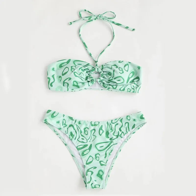 Green floral bandeau bikini swimsuit set with backless design and split bottoms