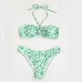 Green floral bandeau bikini swimsuit set with backless design and split bottoms
