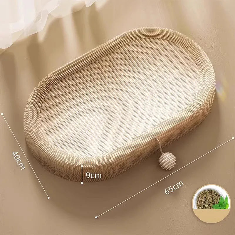 Large natural sisal cat scratching board with an attached lounging platform bed