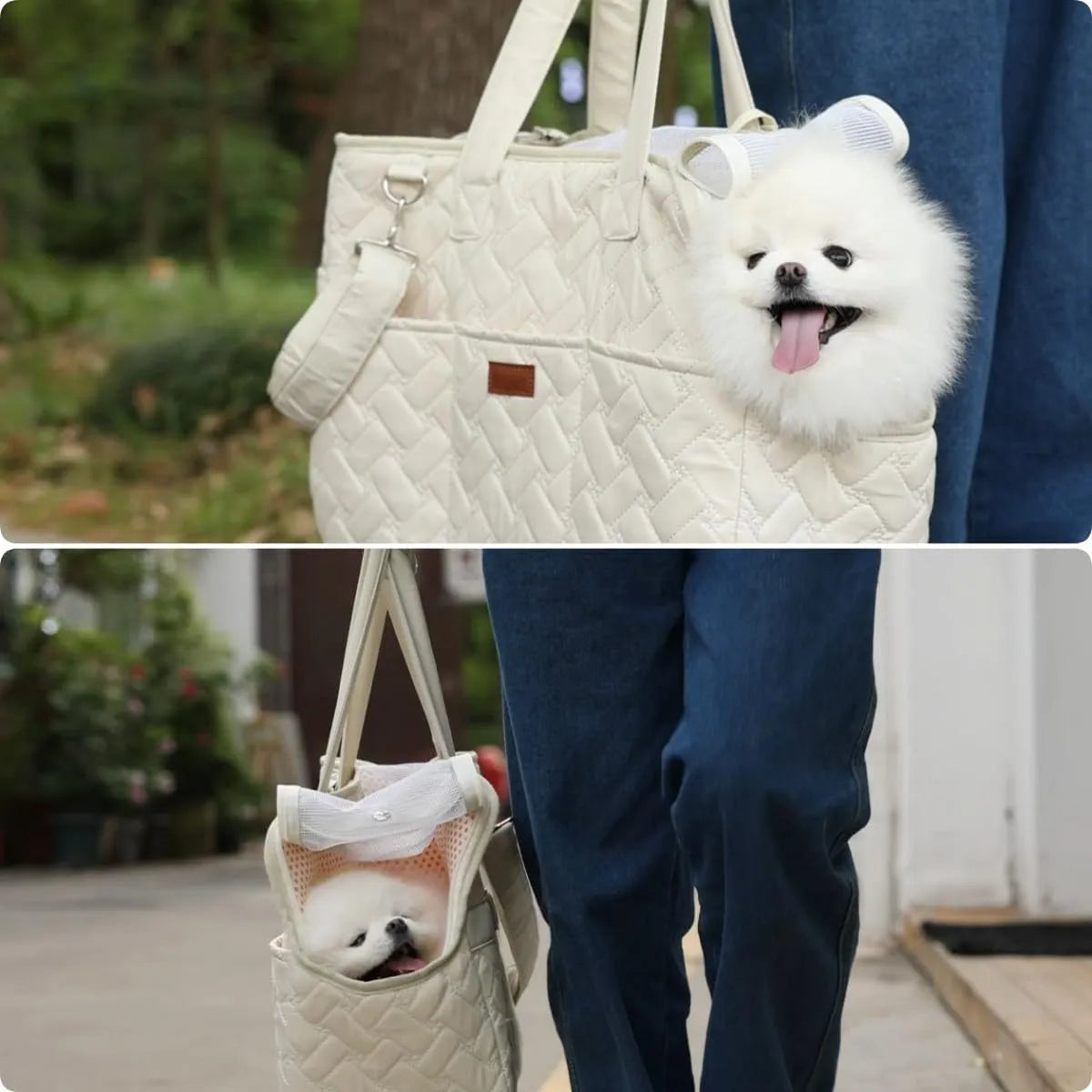 Grey handbag-style pet carrier with mesh panels and a soft cushion inside for a small dog.