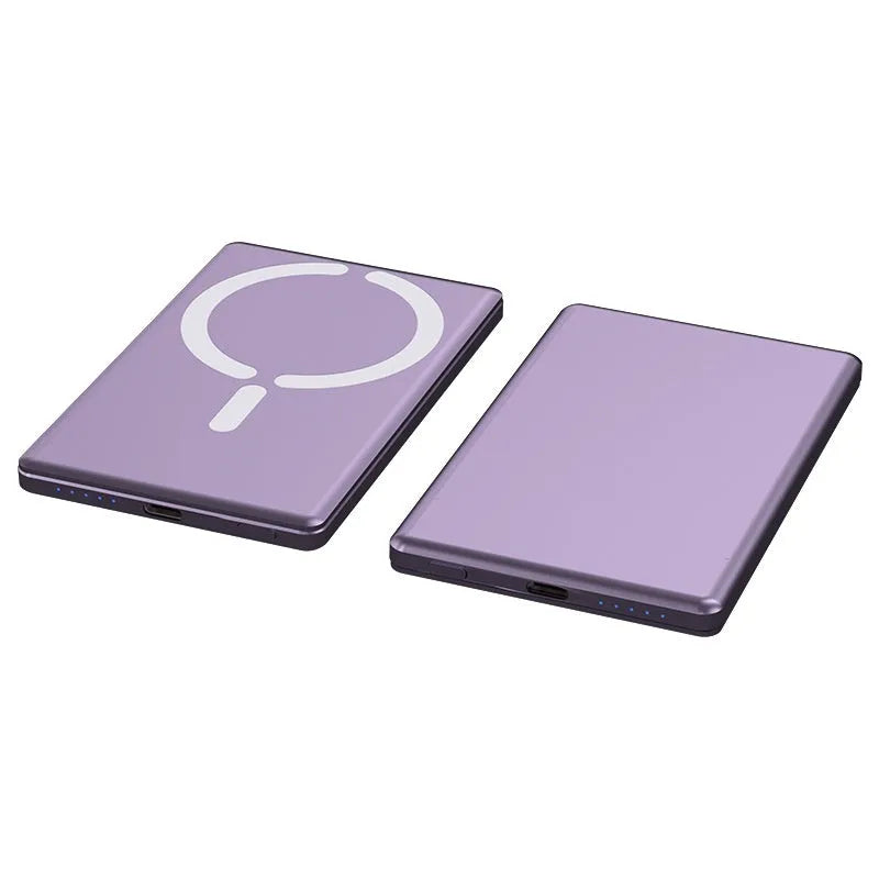 Ultra-thin magnetic power bank in black, dark grey, silver, or violet with slim 9mm profile