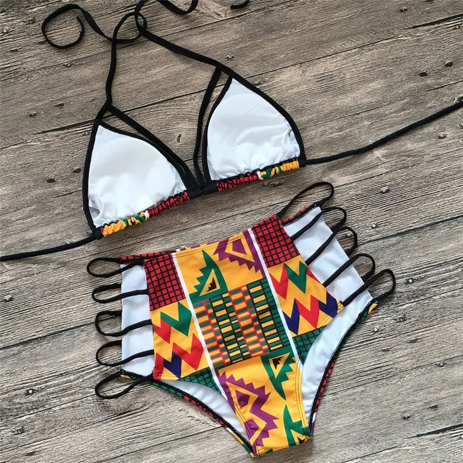 Women's digital print split bikini swimsuit with high-waist backless briefs in quick-drying fabric