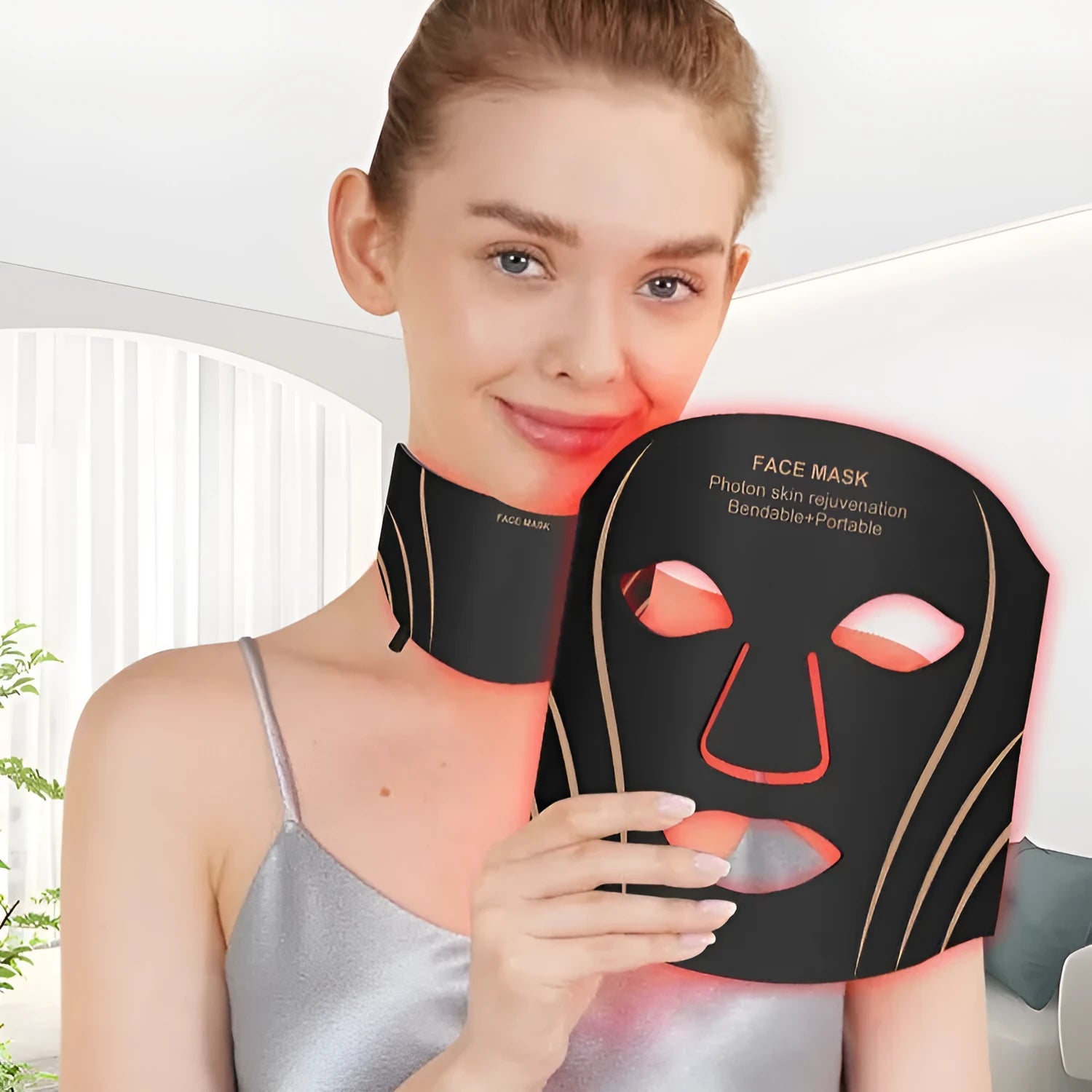 Black and gold IPL LED facial beauty device with silicone mask and hard shell case.