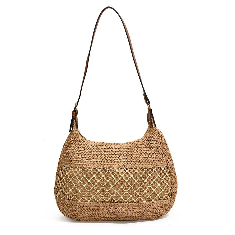 Women's casual straw cross body bag in khaki colour with horizontal square design and outer sandwich pocket