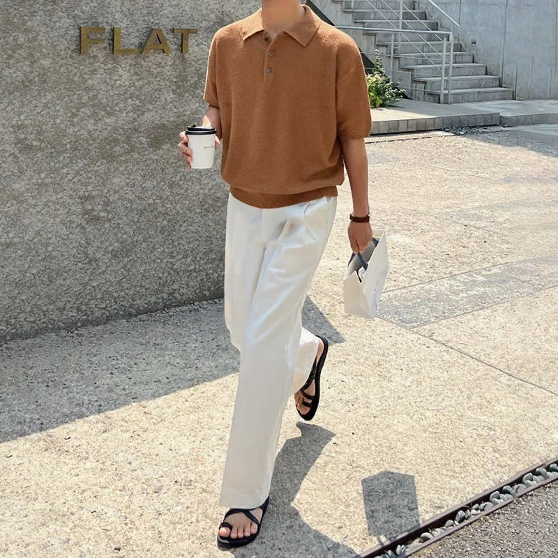 Men's caramel coloured retro knitted polo shirt with asymmetric detail and short sleeves in loose fit