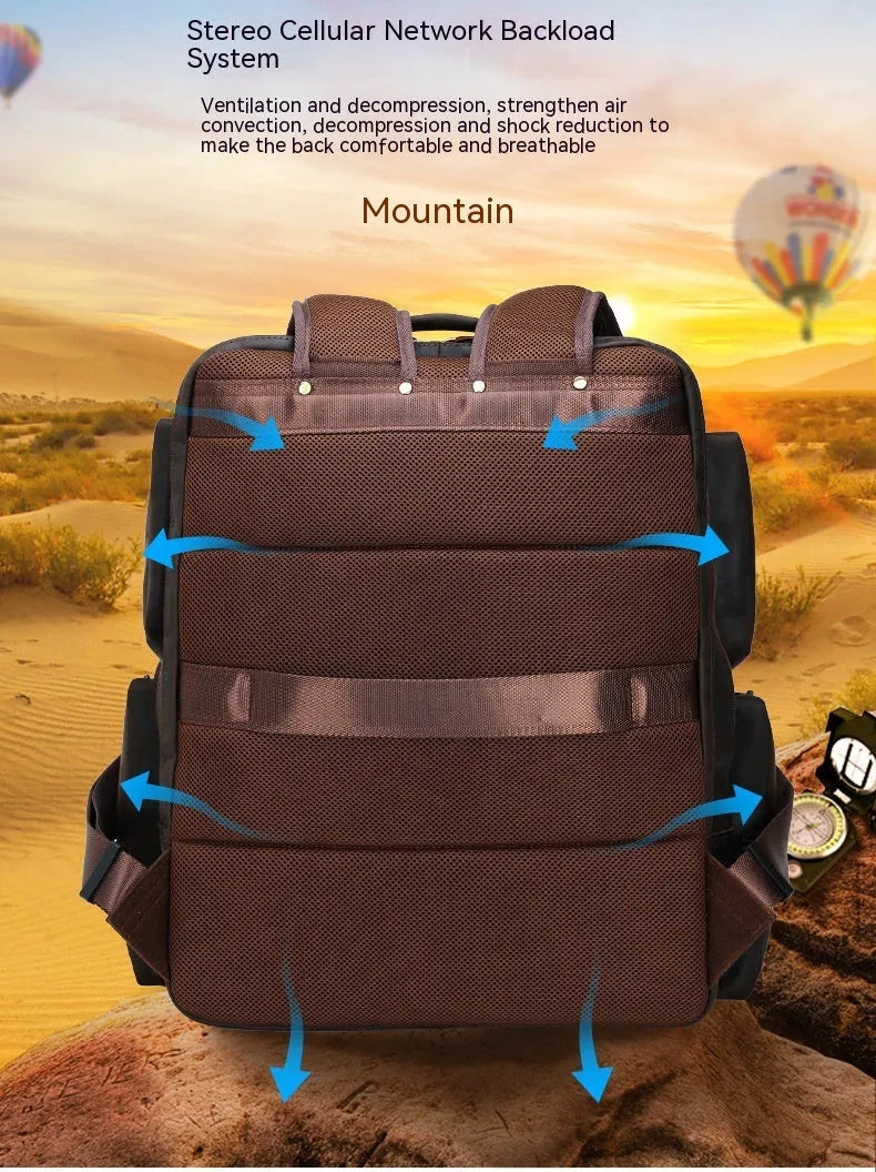 Dark brown retro crazy horse leather men's backpack open to show 17-inch laptop compartment and internal pockets.