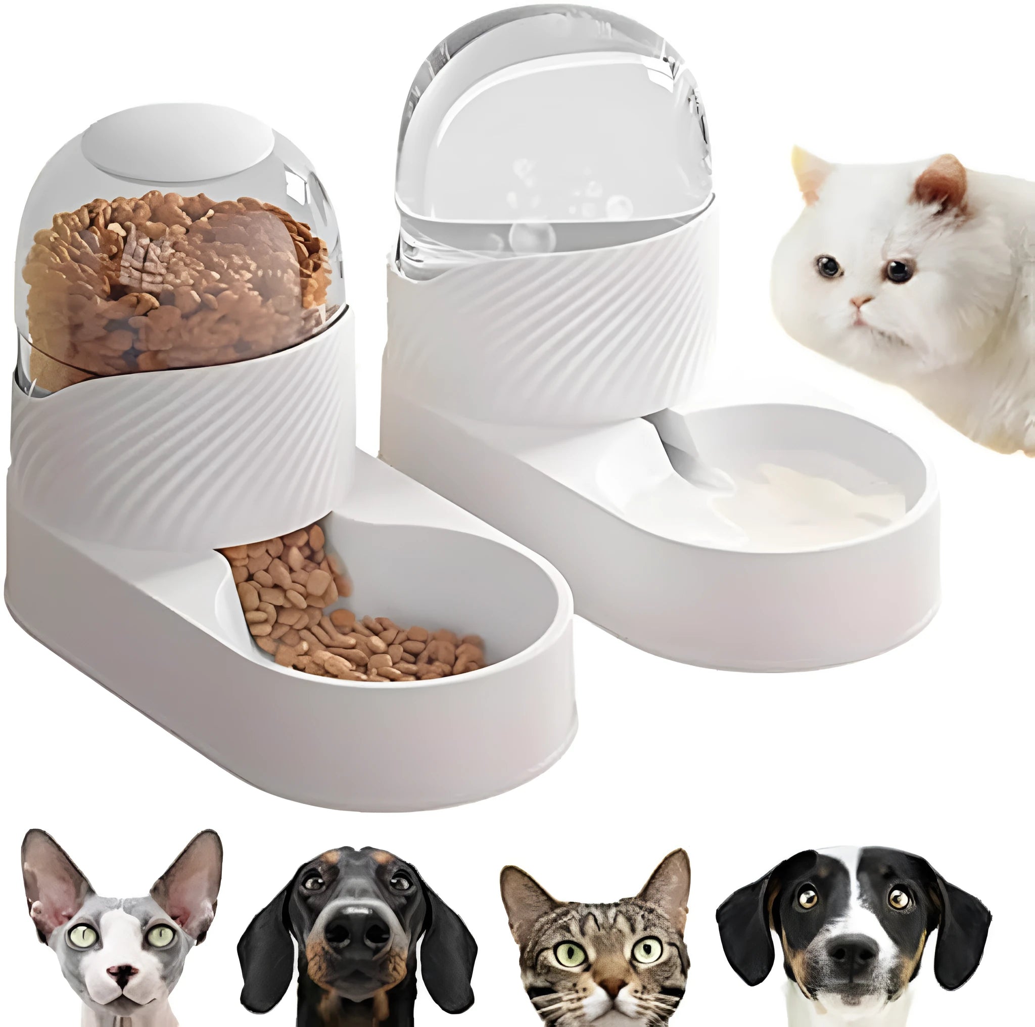 White automatic cat feeder and water dispenser set with wave-shaped design on a floor.
