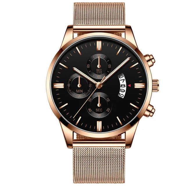 Men's stainless steel mesh band quartz watch with analog display in multiple colour options