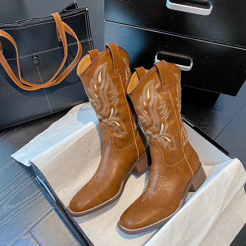 Brown women's embroidered mid-calf Martin boots with leather lining and rubber sole