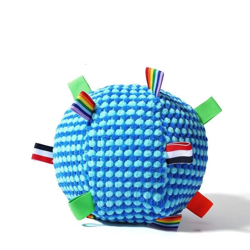 Blue pineapple lattice pattern rolling ball dog toy with squeaker measuring 17cm in diameter