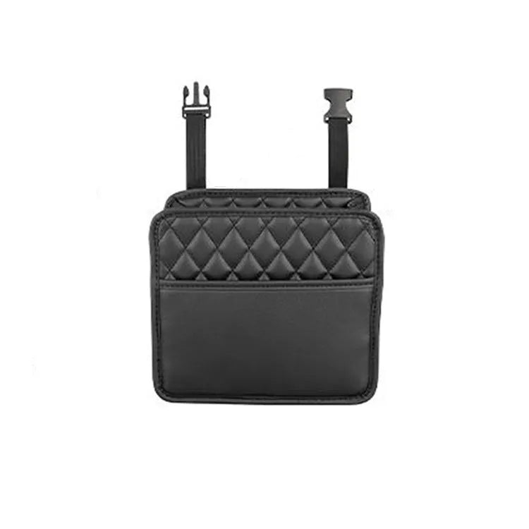 Leather car hanging storage bag in black showing 25cm compact design for vehicle interior organisation