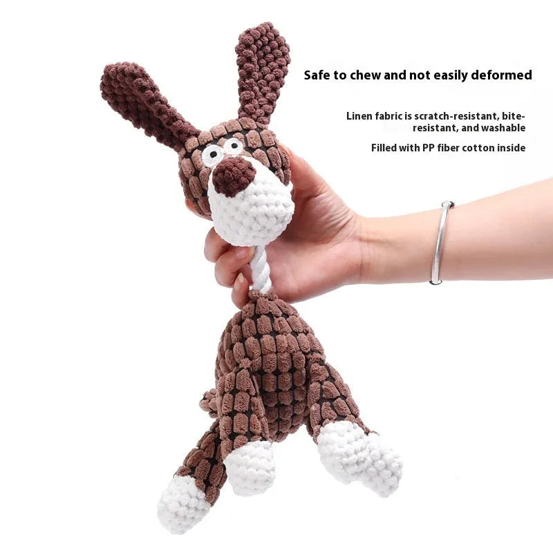 Assortment of soft plush pet toys including a rechargeable duck, a donkey, and companion animals for puppy teething.