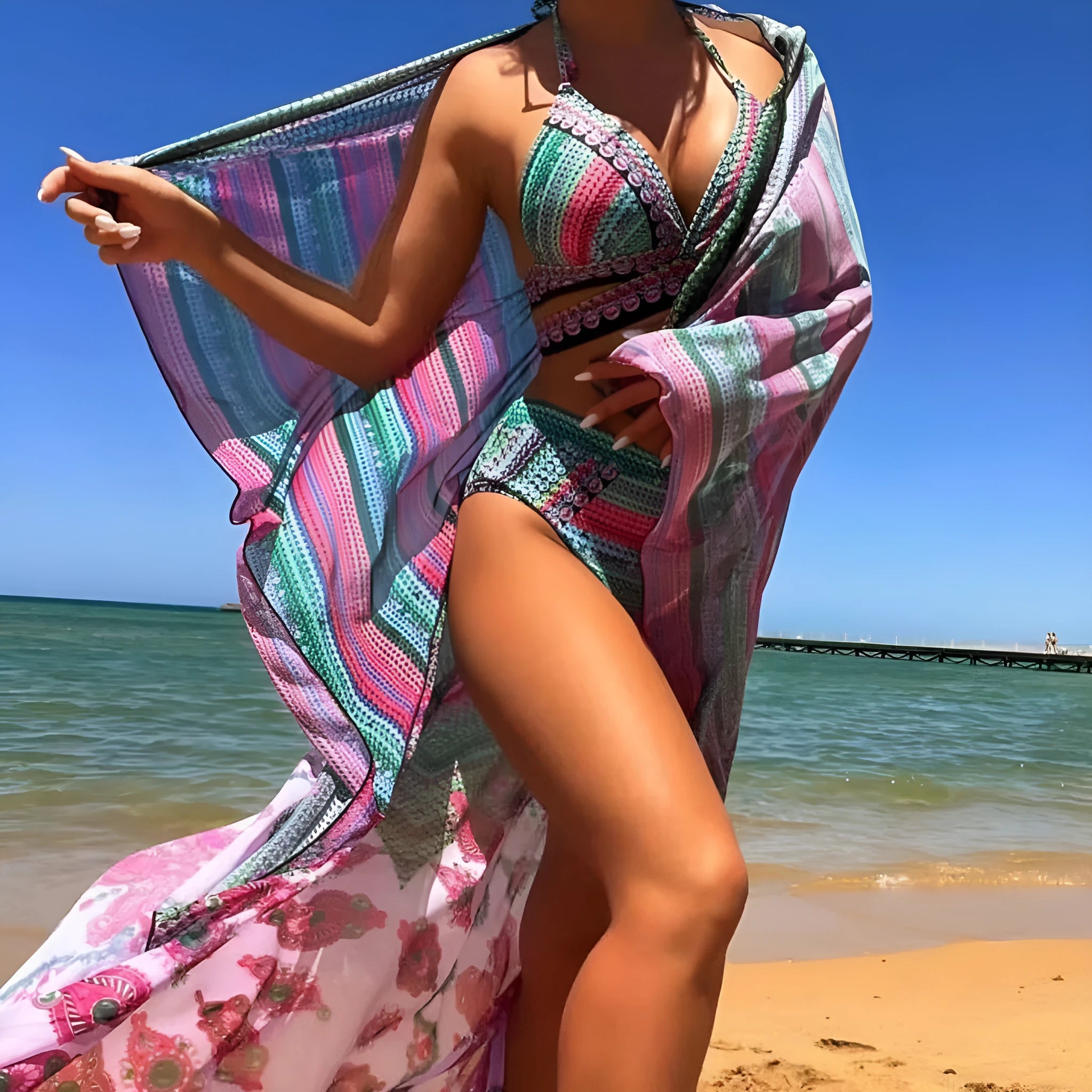 Women's high waist swimsuit with cross bandage design in blue red colour option