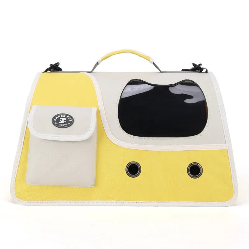 Convenient outing pet backpack in Oxford cloth with crossbody strap, available in yellow green and black, large capacity for cats and small dogs